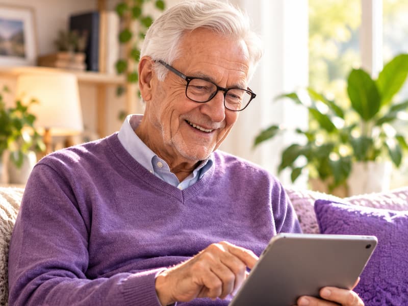 Older man smiling as he concentrates on an activity on his tablet