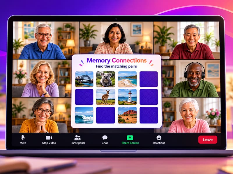A laptop showing a live group session playing a picture matching-pairs memory game