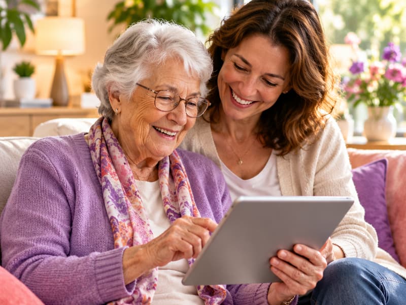 Older woman using a tablet with a family member beside her on the couch