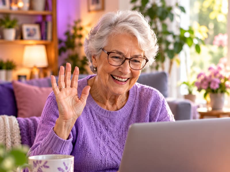 Older woman smiling and waving during a live session at home
