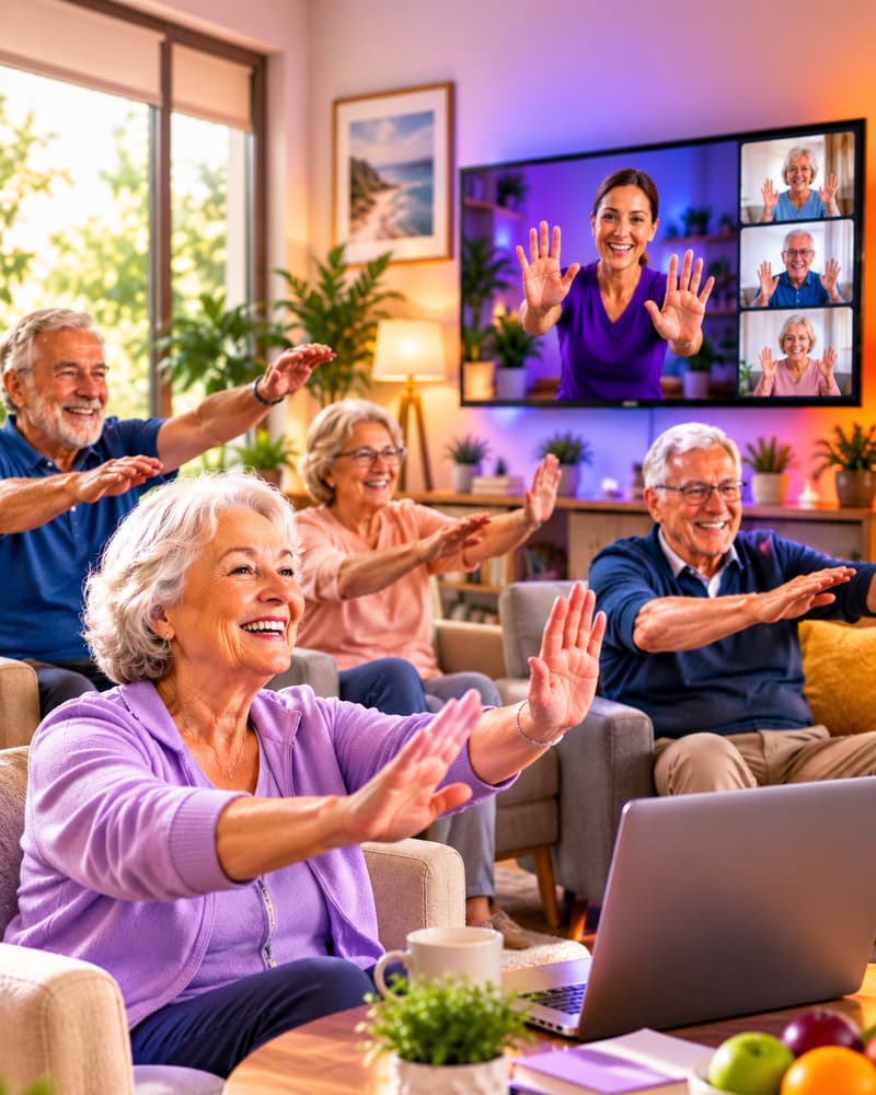 A group of older adults smiling and joining in with a live session led by a facilitator on screen