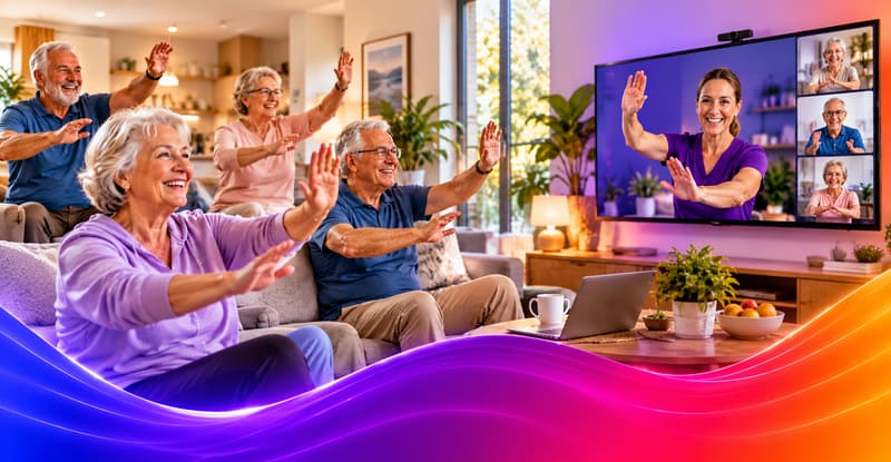 Older adults laughing together in a lounge room while following a live facilitator on screen