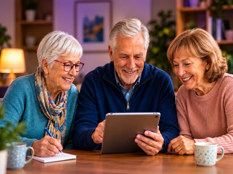 Three older adults smiling together while exploring an activity on a tablet
