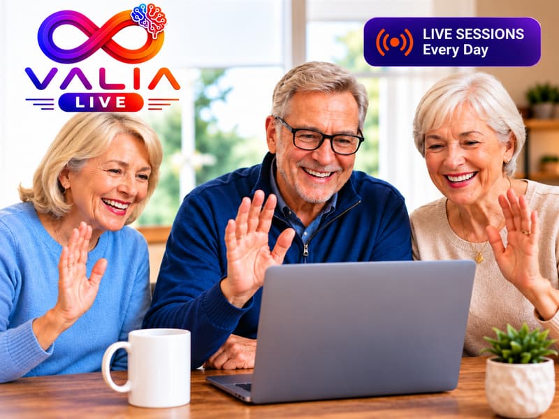 Three older adults smiling while joining a live Valia Live session together