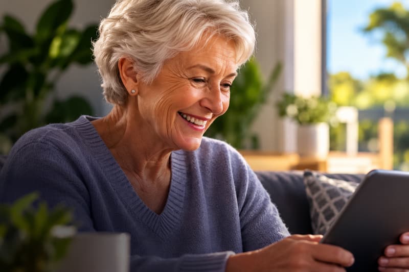 Smiling older woman joining a Retiree Vitality Club session on her tablet