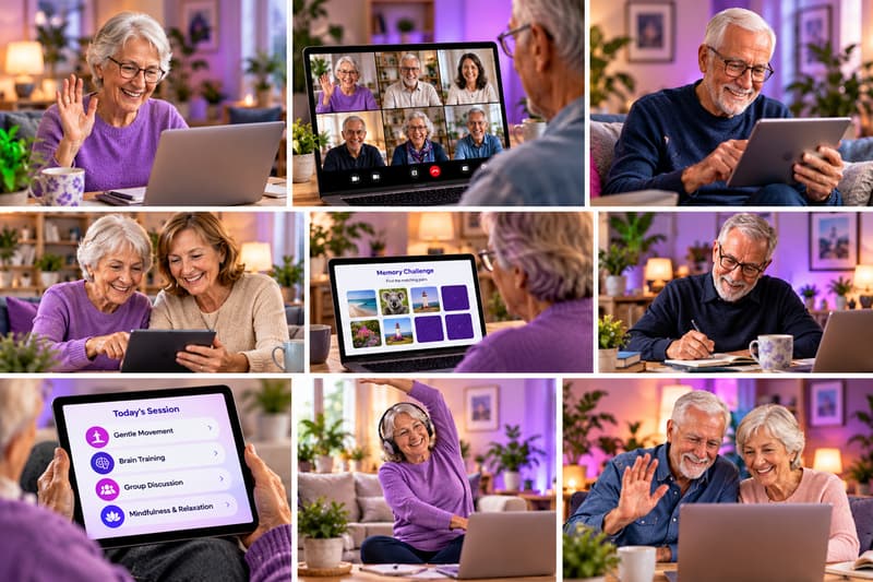 Collage of older adults joining live sessions from home on laptops and tablets